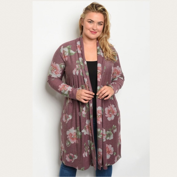 1X Plus size floral print open front cardigan kimono - Picture 2 of 3